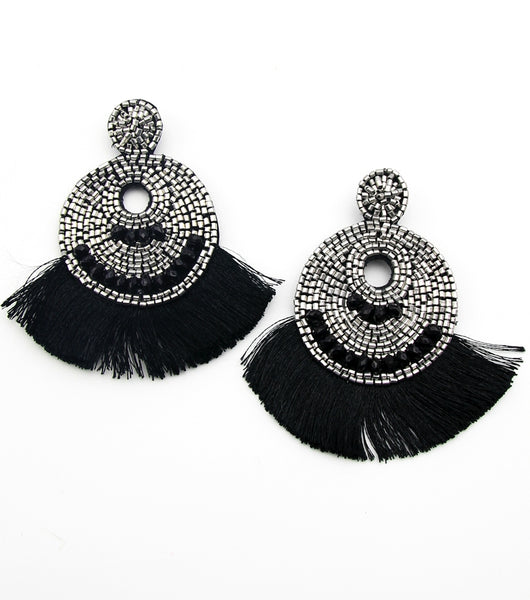 Malika Black/Silver Bead Tassel Statement Earrings