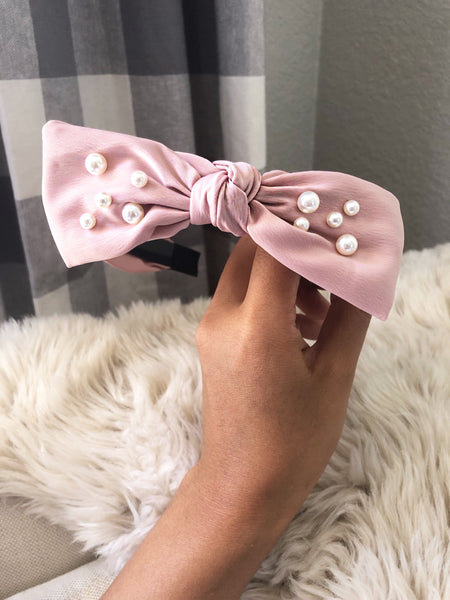 Bobbi Pink Pearl Encrusted Bow Fabric Headband