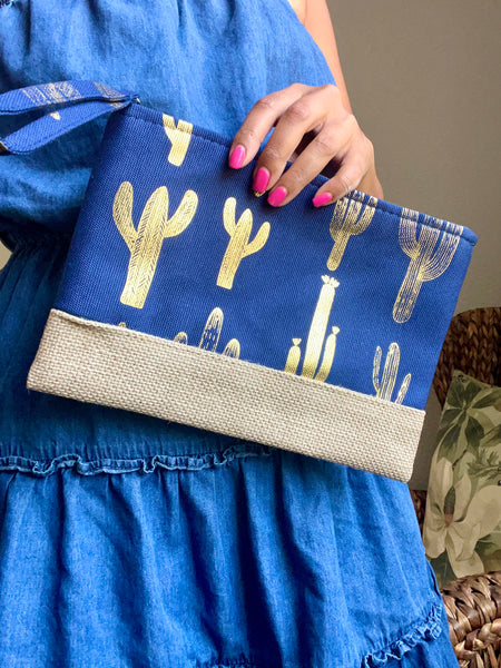 Cactus Love Foil Wristlet Jute Clutch Pouch