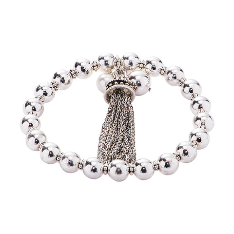 Andrea Silver Ball and Tassel Stretch Bracelet