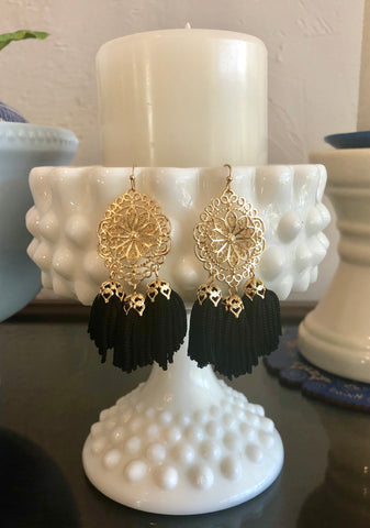 Adora Black Ornate Tassel Earrings