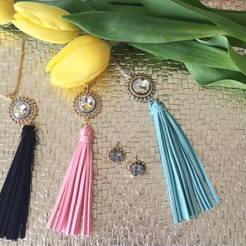 Natalie Long Suede Tassel and Crystal Necklace